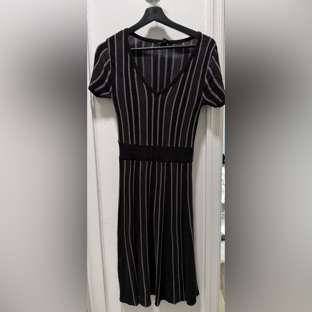H&M Black and Gray Striped V-Neck Dress